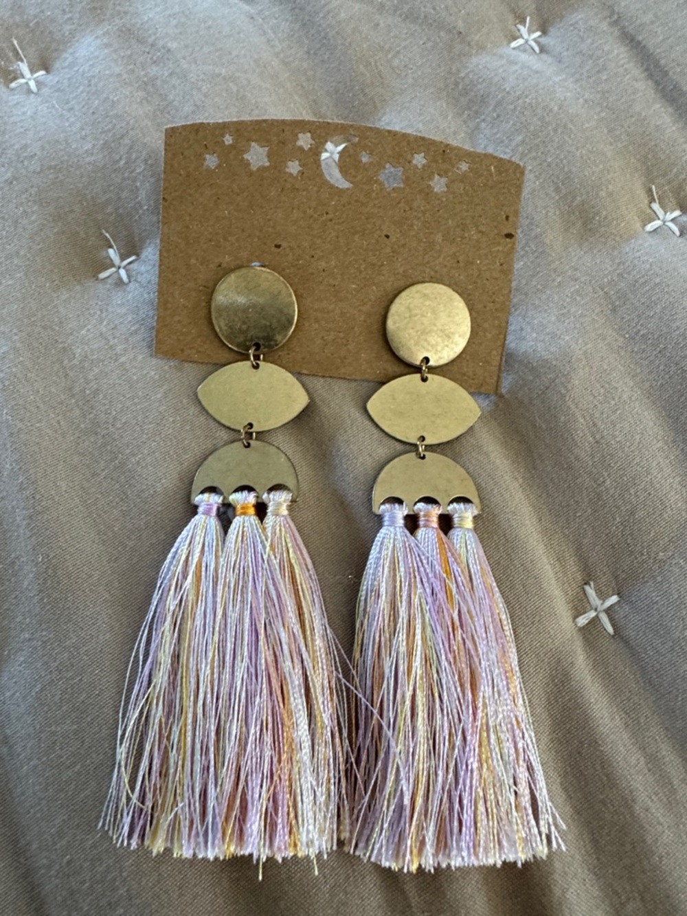 Gold Disc Tassel Earrings with Pastel Multi-Color Threads